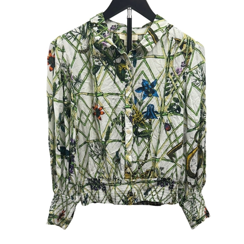Maeve Anthropologie Botanical Trellis Smocked Waist Blouse Green White‎ Medium